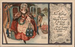 Woman in 18th Century Attire Exiting Sedan Chair, Christmas Greetings Postcard