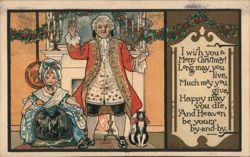 Man and Girl in 18th Century Attire, Christmas Greeting Postcard