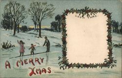 A Merry Xmas, Children Ice Skating, Look Thro' Card Postcard
