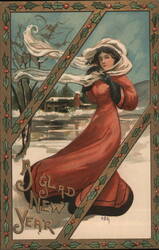 A Glad New Year - Woman in Red Dress in Snow Postcard
