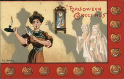 Halloween Greetings Woman Mirror Ghosts Shadow E.C. Banks Postcard