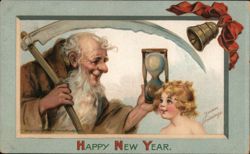 Happy New Year, Father Time and Baby New Year Postcard