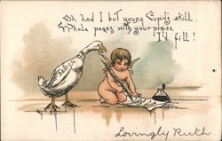 Cupid Writing with Goose Valentine's Day Greeting Postcard
