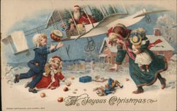 Santa Claus Delivering Toys from Airplane, Joyous Christmas Postcard