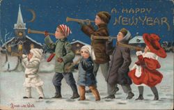 Children Playing Horns, A Happy New Year Postcard
