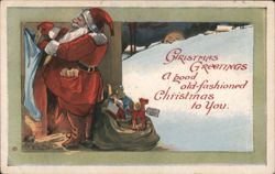 Santa Claus by Chimney, Christmas Greetings Postcard