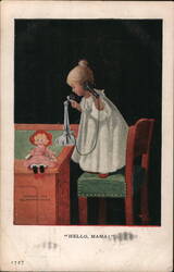 Girl Saying 'Hello, Mama!' on Candlestick Telephone Postcard