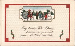 Santa Claus with Children and Snowman, Christmas Greeting Postcard