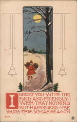 Christmas Greeting, Figure Walking in Snow at Night Postcard