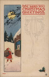 Santa Claus Delivering Gifts at Night, Christmas Greetings Postcard