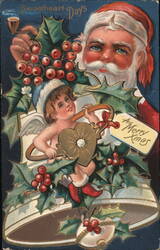 Santa Claus and Cherub with Holly and Bell, Merry Xmas Postcard