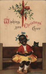 Christmas Cheer, Girl with Bows and Cat, Mistletoe Postcard