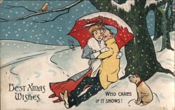Best Xmas Wishes, Couple Under Umbrella in Snow Postcard