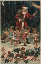 Santa Claus with Torch Leading Angel Children, Merry Christmas Postcard