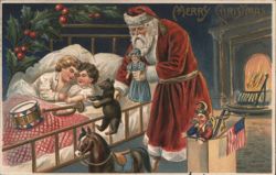 Merry Christmas, Santa Claus with Toys and Sleeping Children Postcard