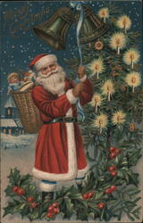 Santa Claus Ringing Bells by Christmas Tree Postcard