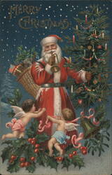 Merry Christmas - Santa Claus with Tree and Angels Postcard