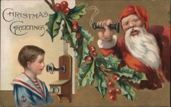 Christmas Greetings, Santa on Telephone with Boy Postcard