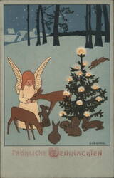 Fröhliche Weihnachten Angel with Deer and Rabbits Postcard