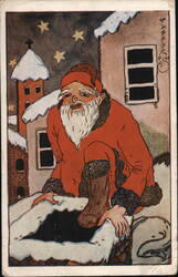 Santa Claus Climbing Down Chimney, Japanese Art Style Postcard