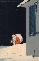 Santa Claus Delivering Gifts at Night, Japanese Art Style Postcard
