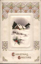 Christmas Greeting Winter Cabin Scene with Holly Border Postcard