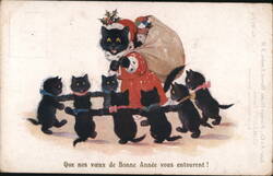 New Year Cats Dancing Around Santa Cat Postcard