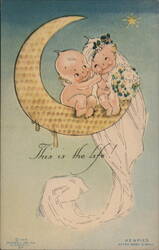 Kewpie Bride and Groom on Crescent Moon, "This is the Life!" Die Cut Postcard