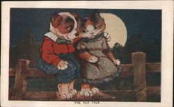 The Old Tale - Dressed Dog and Cat on Fence Postcard