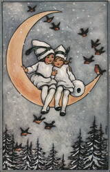 Children on Crescent Moon with Birds, Oilette No. 9694 Postcard
