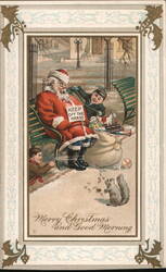 Santa Claus Asleep on Park Bench, Keep Off The Grass Sign Postcard