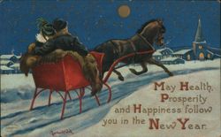 New Year Greetings, Couple in Horse-Drawn Sleigh at Night Postcard