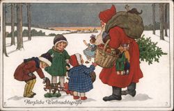 Santa Claus Giving Gifts to Children in Snow, Christmas Greetings Postcard