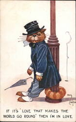 Anthropomorphic Cat in Top Hat Leaning on Lamppost Postcard