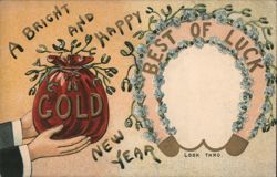 New Year Greetings, Bag of Gold, Lucky Horseshoe Cutout Postcard