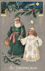 Father Christmas and Child with Star Staff, Best Christmas Wishes Postcard