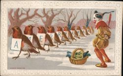 Robins Spelling A MERRY XMAS with Jester Postcard