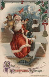 Santa Claus on Rooftop with Toys and Children, Best Christmas Wishes Postcard