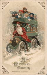 Santa Claus Driving Christmas Motor Bus with Children Postcard