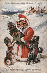 Father Christmas Cat with Kittens, Louis Wain Postcard