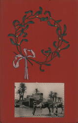 Egyptian Scene with Camels by Water, Mistletoe Wreath Postcard
