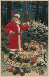 Santa Claus with Singing Angels, Merry Christmas Postcard