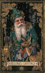 Green Santa Claus with Deer and Toys, Christmas Greetings Postcard