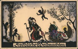 Fröhliche Weihnachten Silhouette Scene with Santa, Sleigh, Angels Postcard