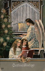 Angel Playing Organ, Girls Singing Christmas Carols Postcard