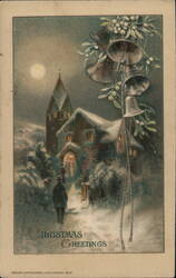 Christmas Greetings, Winter Night Scene with Bells and Church Postcard