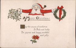 Santa Claus Holding Mistletoe and Wreath, Merry Christmas Greeting Postcard