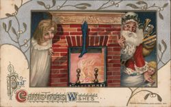 Best Christmas Wishes, Santa Claus by Fireplace Postcard