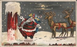 Santa Claus Surprised by Chimney with Reindeer Postcard