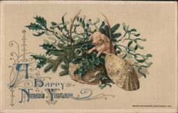 Happy New Year Piglet in Basket with Mistletoe and Holly Postcard